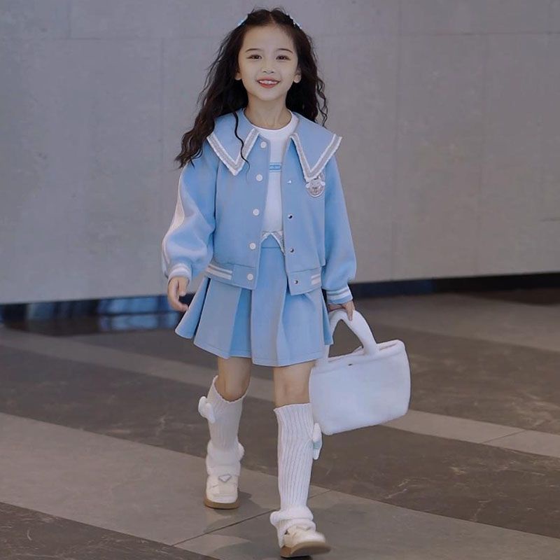 Áo Khoác Bóng Chày Và Chân Váy Xếp Ly Thời Trang Thu Đông Hàn Quốc Mới 2023 Dành Cho Bé Gái