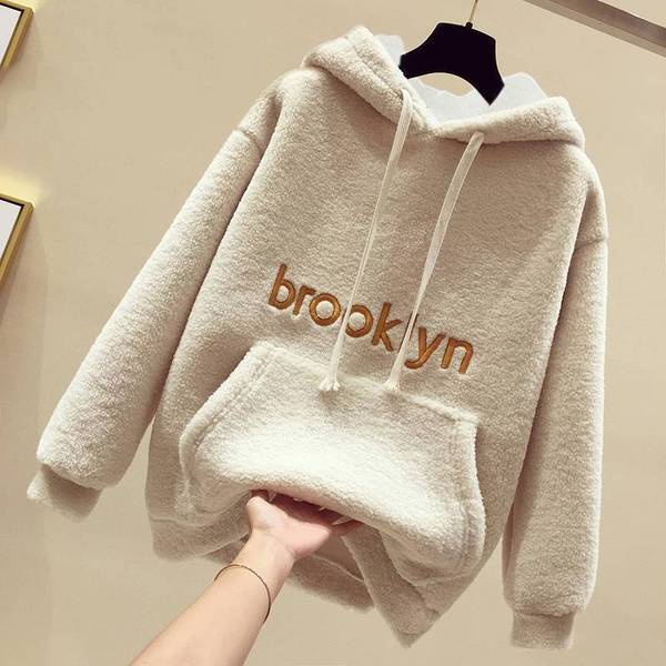 Áo Hoodie Lót Lông Cừu Dày Dặn Giữ Ấm Phong Cách Hàn Quốc Thời Trang Thu Đông Cho Nữ