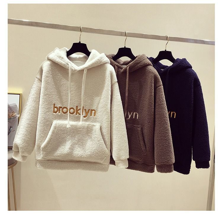 Áo Hoodie Lót Lông Cừu Dày Dặn Giữ Ấm Phong Cách Hàn Quốc Thời Trang Thu Đông Cho Nữ