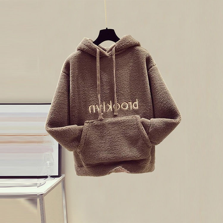 Áo Hoodie Lót Lông Cừu Dày Dặn Giữ Ấm Phong Cách Hàn Quốc Thời Trang Thu Đông Cho Nữ