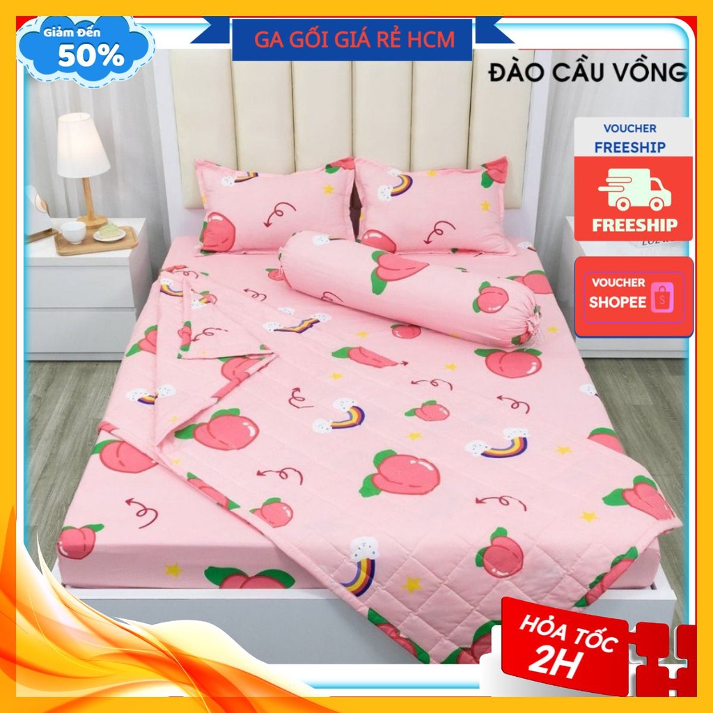 Bộ ga gối Polycotton trải giường , Bộ Drap giường Cottonpolly 1m4/1m6-MẪU CAM ĐÀO