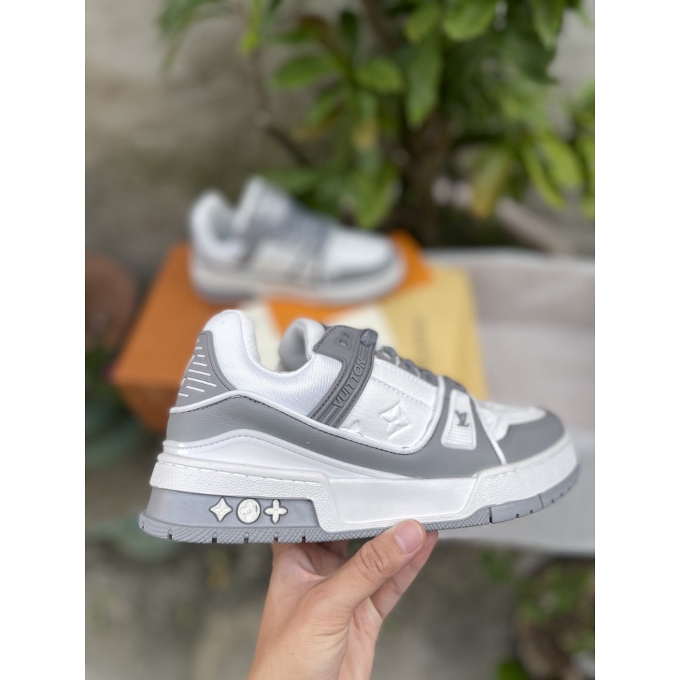 Giày sneaker nam nữ lv trainer xám fullbox, Giày thể thao nam nữ lv xám trắng bản trung đi cưc êm