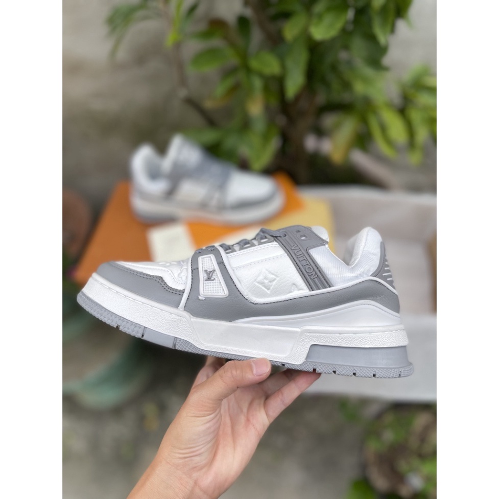 Giày sneaker nam nữ lv trainer xám fullbox, Giày thể thao nam nữ lv xám trắng bản trung đi cưc êm