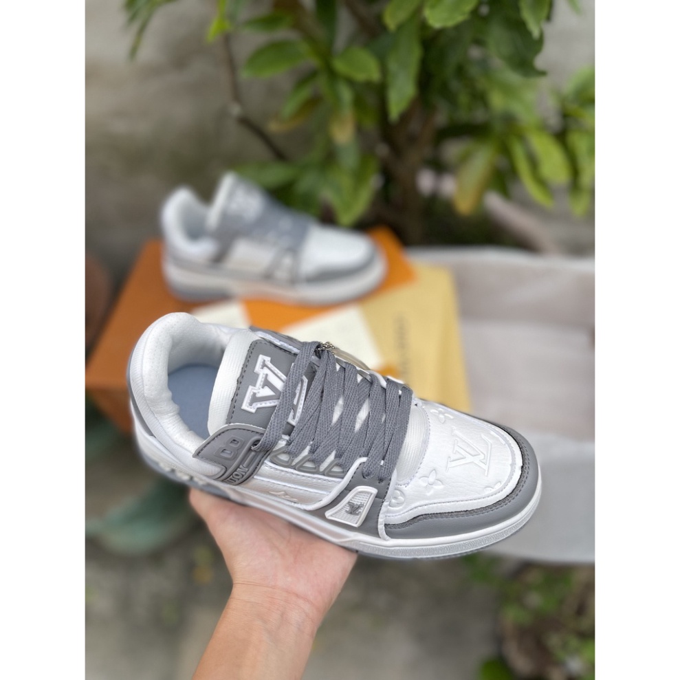 Giày sneaker nam nữ lv trainer xám fullbox, Giày thể thao nam nữ lv xám trắng bản trung đi cưc êm