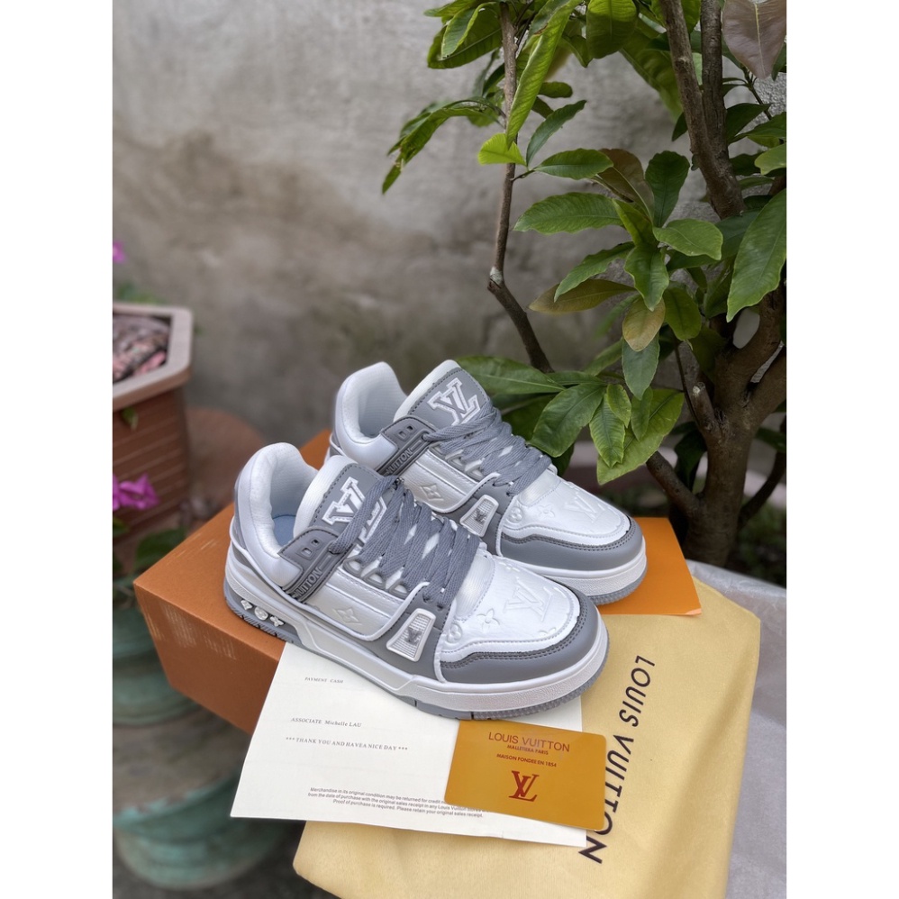 Giày sneaker nam nữ lv trainer xám fullbox, Giày thể thao nam nữ lv xám trắng bản trung đi cưc êm