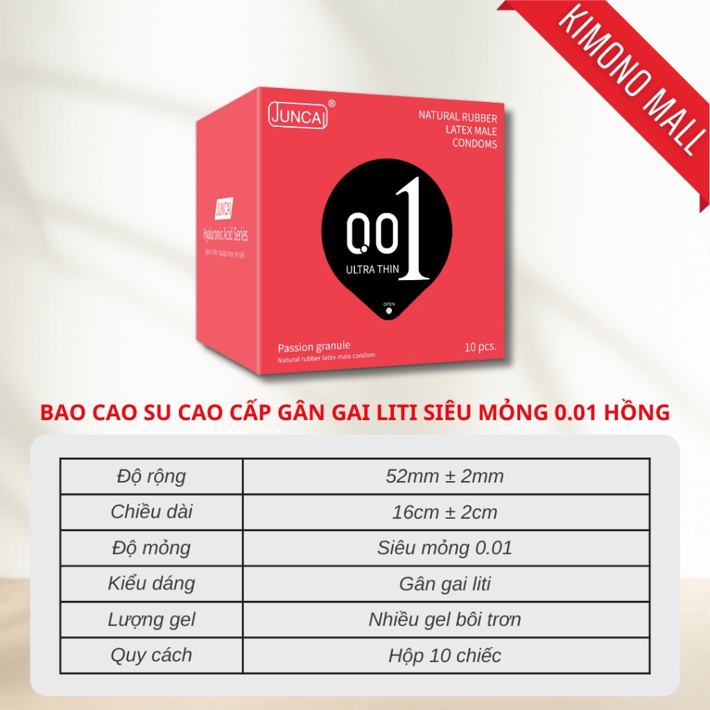 Bao cao su siêu mỏng 0.01 mm Juncai cao cấp, bcs kéo dài thời gian, gân gai tăng khoái cảm  - hộp 10 bcs durex_olo_store