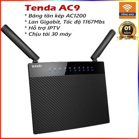 Cục phát wifi, router wifi Tenda AC9 chuẩn AC1200 Lan Gigabit hỗ trợ IPTV chịu tải 30 máy
