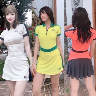 Bộ váy tennis, golf, cầu lông: váy thun 2 lớp có túi trong kèm áo cổ trụ khoá kéo siêu cấp thể thao tập gym yoga nữ