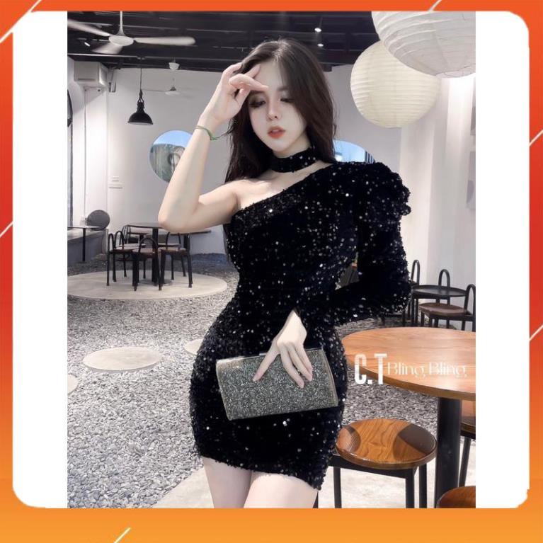 Váy đính đá lệch vai bằng nhung phối  kim sa
