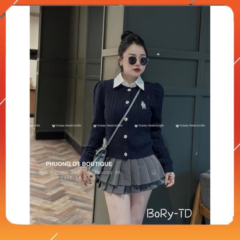 Áo carigan len cổ tròn thêu gấu tay bồng QCL1