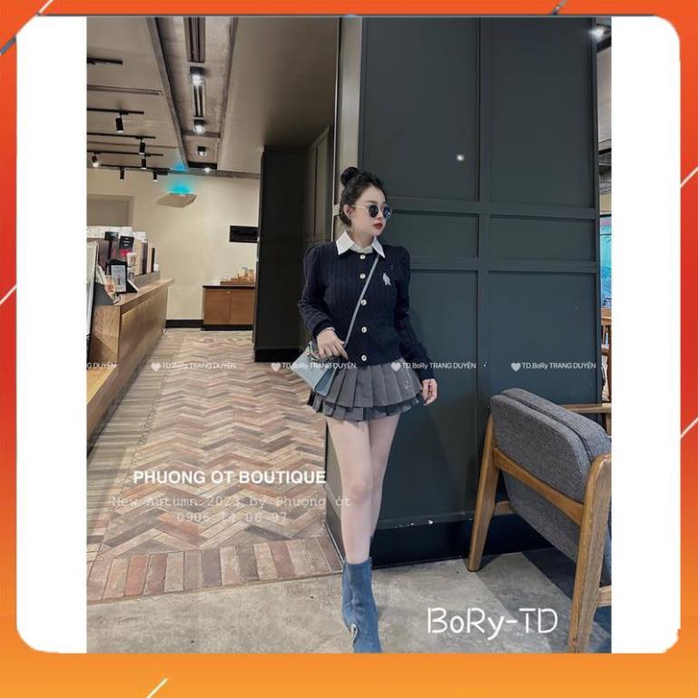 Áo carigan len cổ tròn thêu gấu tay bồng QCL1