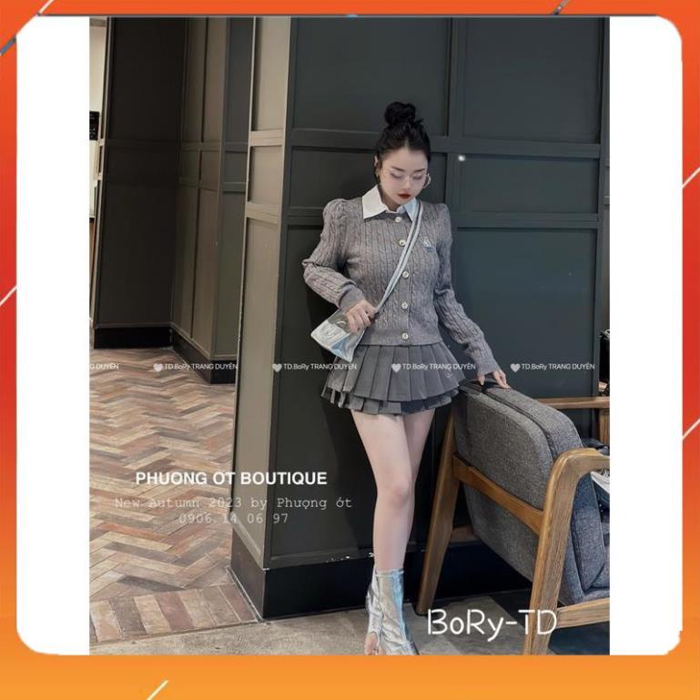 Áo carigan len cổ tròn thêu gấu tay bồng QCL1