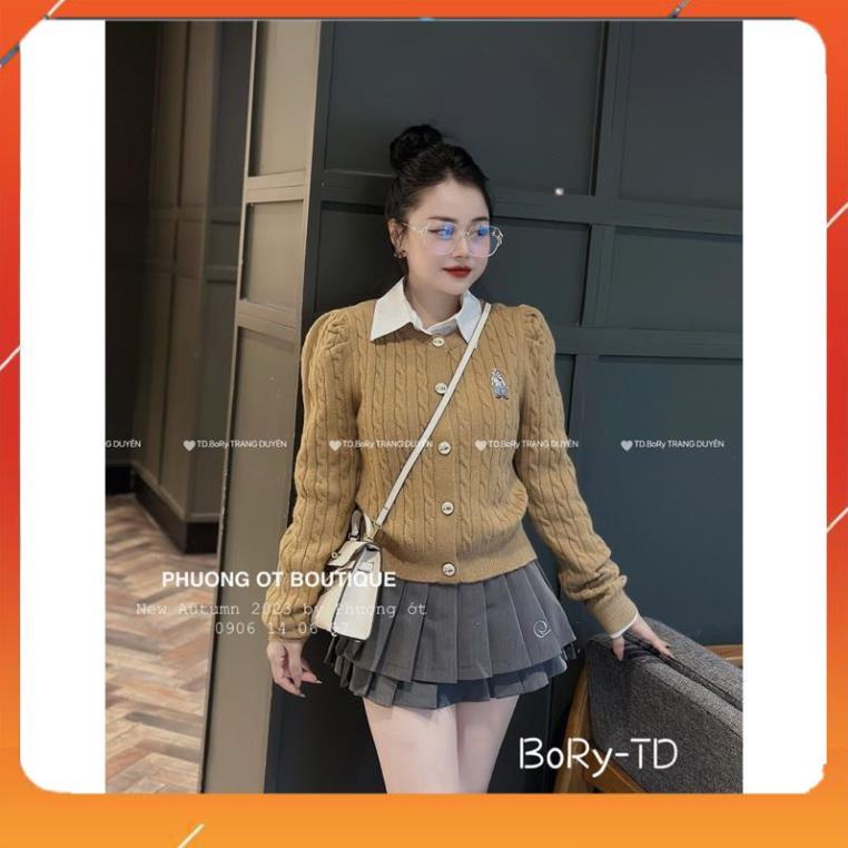 Áo carigan len cổ tròn thêu gấu tay bồng QCL1