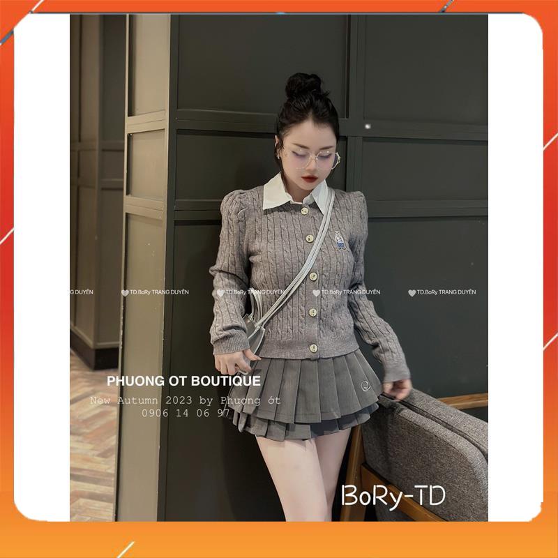 Áo carigan len cổ tròn thêu gấu tay bồng QCL1