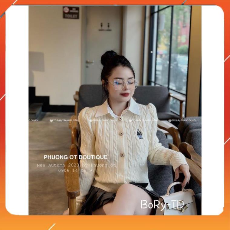 Áo carigan len cổ tròn thêu gấu tay bồng QCL1