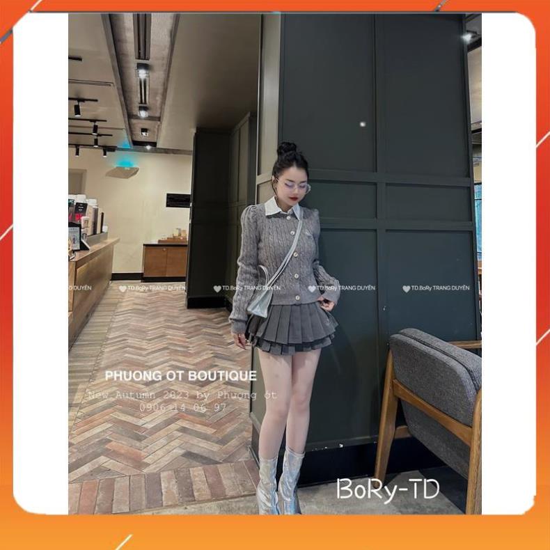 Áo carigan len cổ tròn thêu gấu tay bồng QCL1