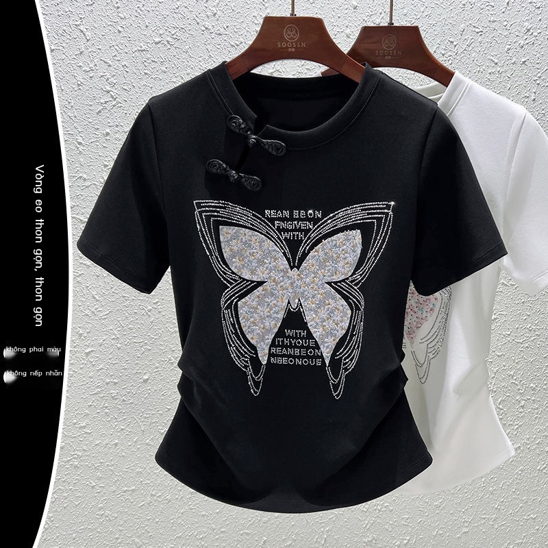 Áo Thun 40% Cotton Dáng Ôm In Hình Bướm Đính Đá Phong Cách Phương Tây Cho Nữ