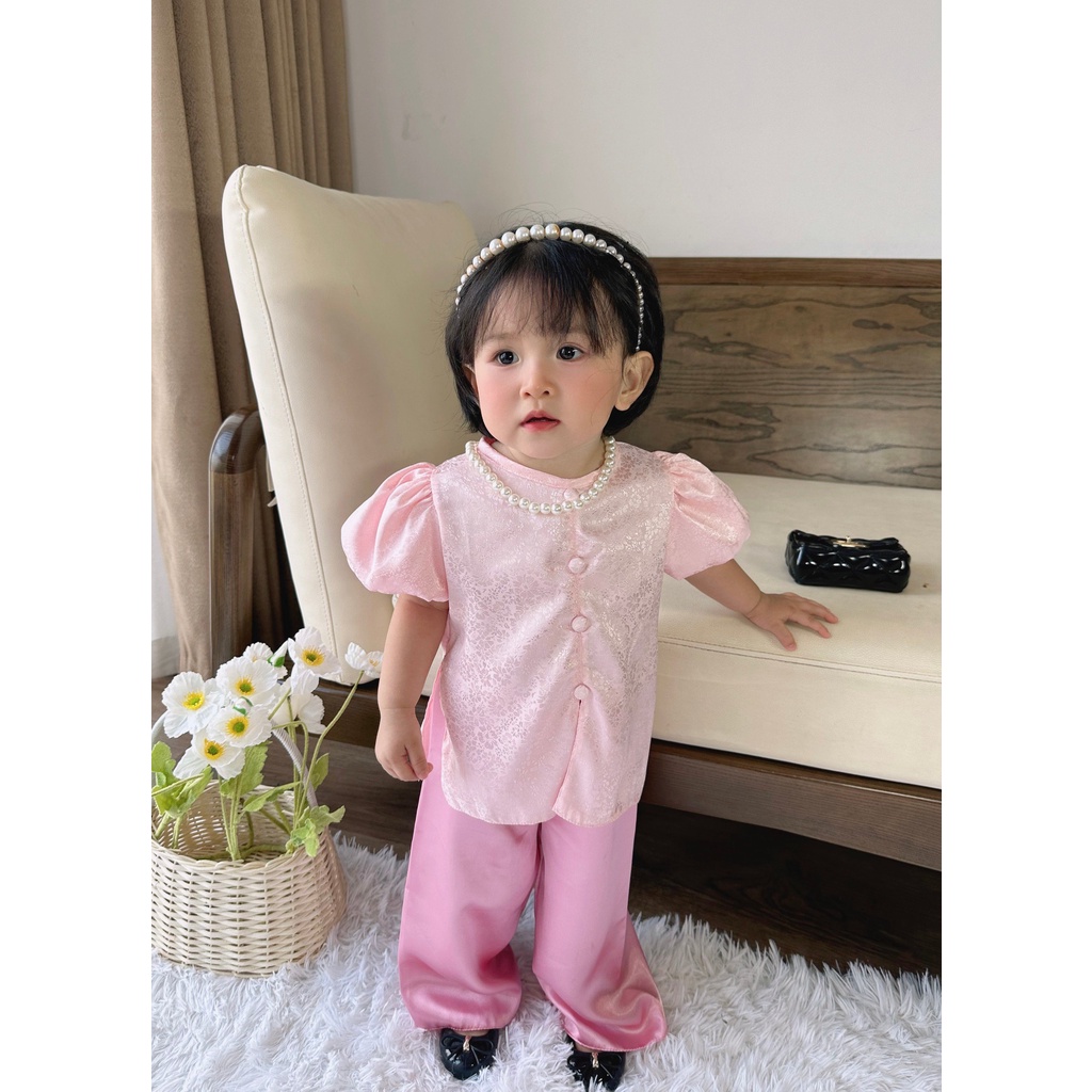 Ngọc Kids Bộ áo bà ba đẹp, bà ba Tết 2024 vải gấm màu hồng nhạt cho bé gái 6-24kg