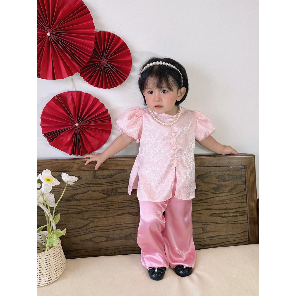 Ngọc Kids Bộ áo bà ba đẹp, bà ba Tết 2024 vải gấm màu hồng nhạt cho bé gái 6-24kg