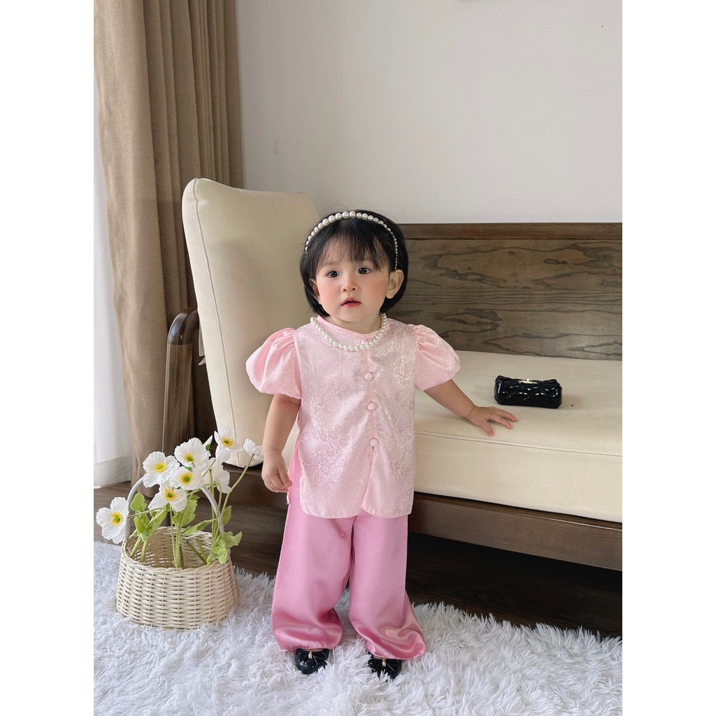 Ngọc Kids Bộ áo bà ba đẹp, bà ba Tết 2024 vải gấm màu hồng nhạt cho bé gái 6-24kg