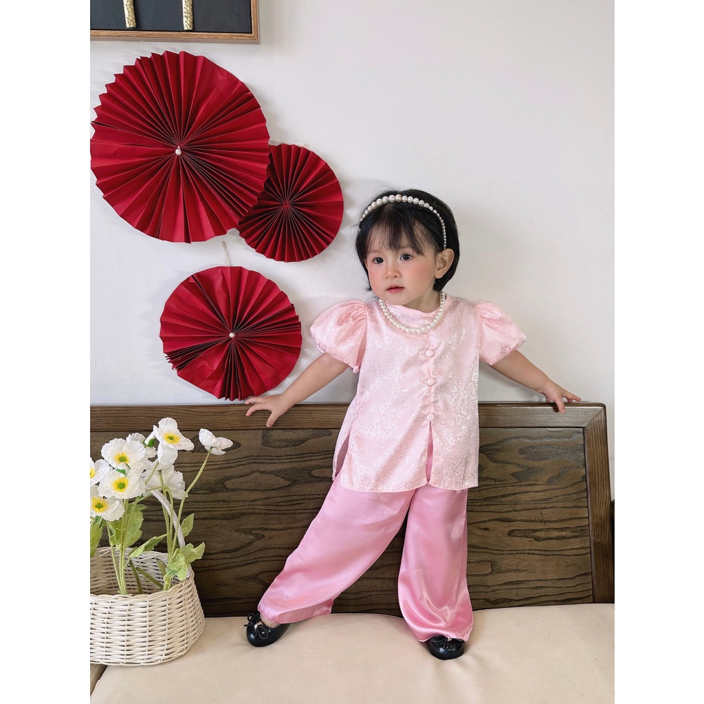 Ngọc Kids Bộ áo bà ba đẹp, bà ba Tết 2024 vải gấm màu hồng nhạt cho bé gái 6-24kg
