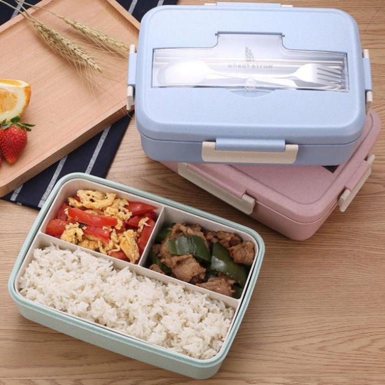 Hộp Đựng Cơm Trưa Văn Phòng 3 Ngăn Loại 1 Bằng Nhựa Lúa Mạch An Toàn Vệ Sinh Kèm Đũa Thìa Dùng Được Trong Lò Vi Sóng
