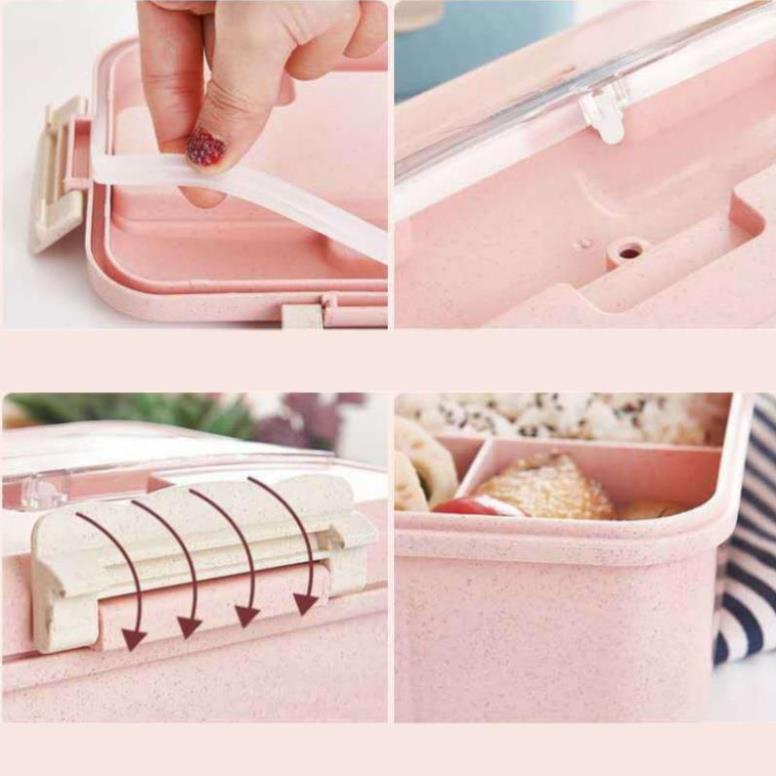 Hộp Đựng Cơm Trưa Văn Phòng 3 Ngăn Loại 1 Bằng Nhựa Lúa Mạch An Toàn Vệ Sinh Kèm Đũa Thìa Dùng Được Trong Lò Vi Sóng