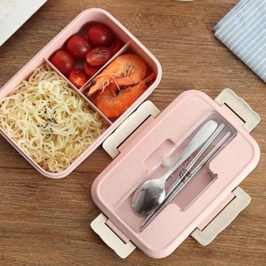 Hộp Đựng Cơm Trưa Văn Phòng 3 Ngăn Loại 1 Bằng Nhựa Lúa Mạch An Toàn Vệ Sinh Kèm Đũa Thìa Dùng Được Trong Lò Vi Sóng