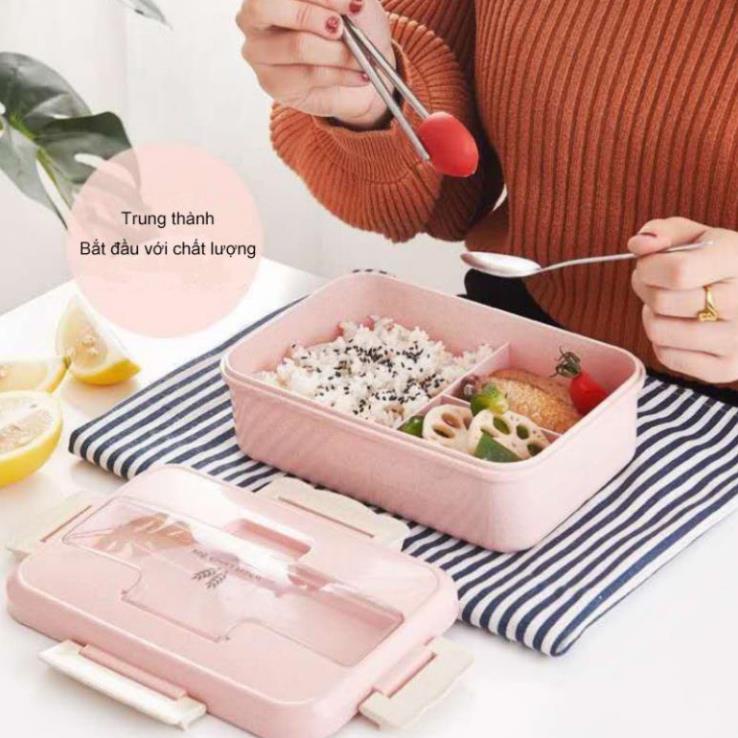 Hộp Đựng Cơm Trưa Văn Phòng 3 Ngăn Loại 1 Bằng Nhựa Lúa Mạch An Toàn Vệ Sinh Kèm Đũa Thìa Dùng Được Trong Lò Vi Sóng