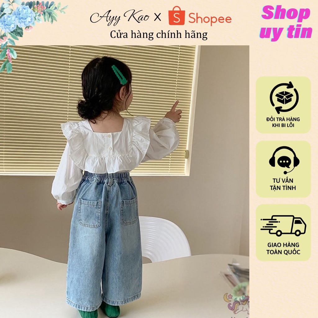 Quần jeans cho bé gái từ 10 đến 40kg dáng suông dài ống rộng màu xanh trơn basic - Hàng Cao Cấp Q9- AYYKAO