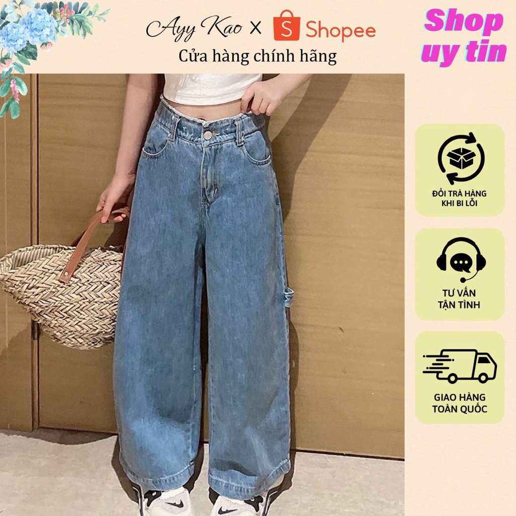 Quần jeans cho bé trai và bé gái từ 15 đến 45kg dáng suông dài ống rộng cạp cao phối tua rua - Hàng Cao Cấp Q7 - AYYKAO