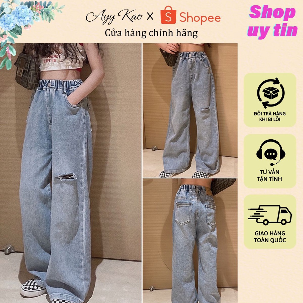 AYYKAO Quần jeans cho bé Gái ống rộng màu xanh lưng thun phong cách, từ 15-50kg Q5