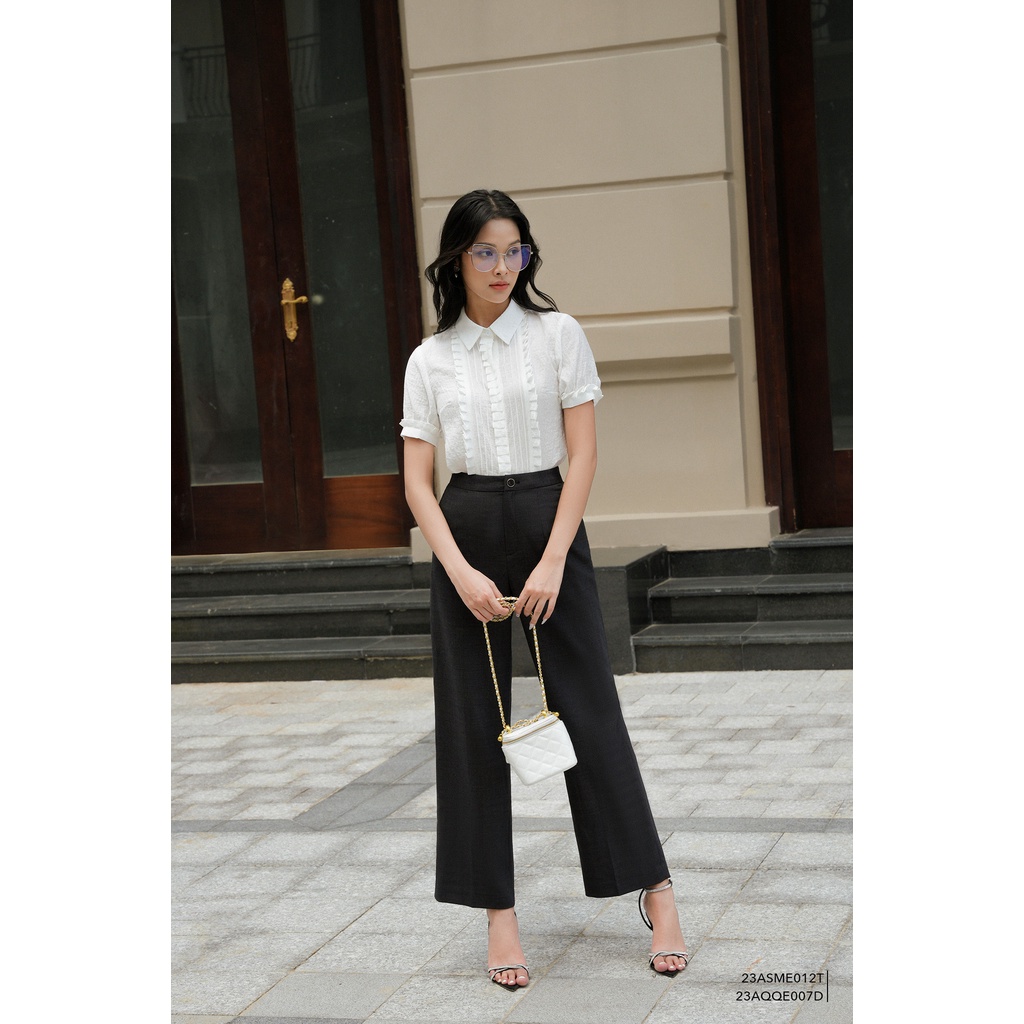 Áo sơ mi trắng nữ tay ngắn, phối bèo nhún Eva de Eva 23ASME012T