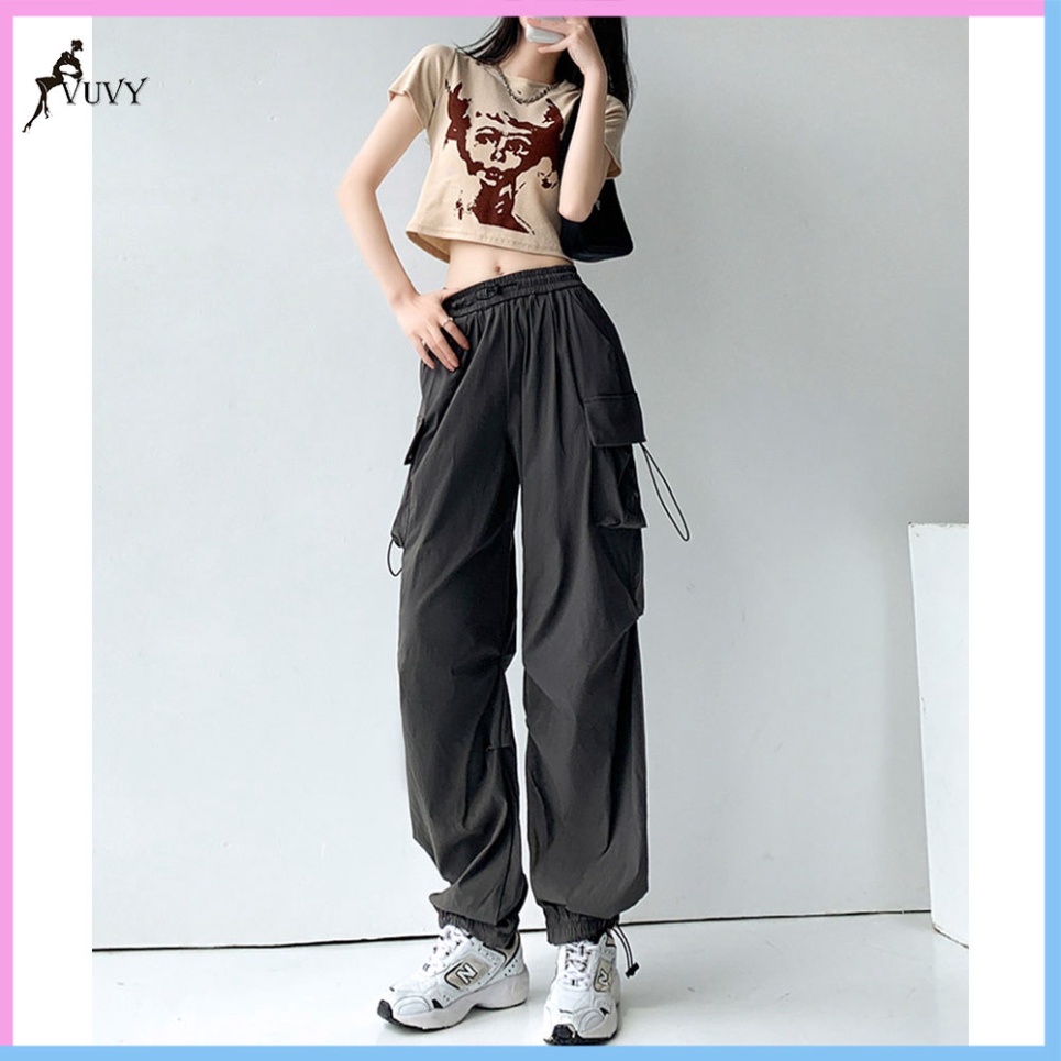 Quần túi hộp nữ, quần cargo pants ống rộng vải kaki phối dây rút eo QTH15 | BigBuy360 - bigbuy360.vn