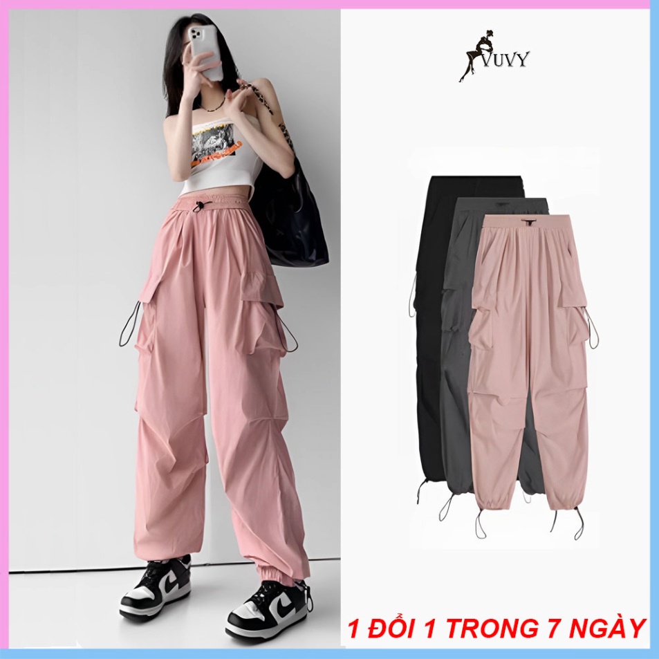 Quần túi hộp nữ, quần cargo pants ống rộng vải kaki phối dây rút eo QTH15 | BigBuy360 - bigbuy360.vn