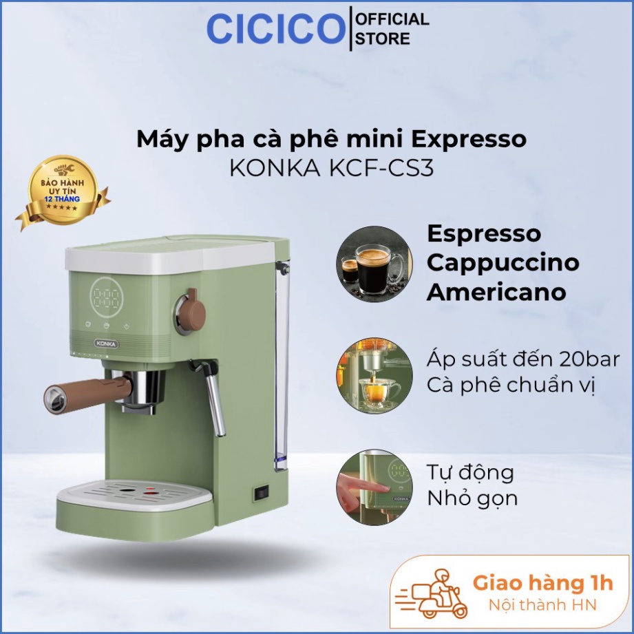 Máy pha cà phê mini Espresso KONKA KCF-CS3, máy cà phê tự động áp suất 20bar, pha espresso, cappuccino, tạo bọt, BH 12th