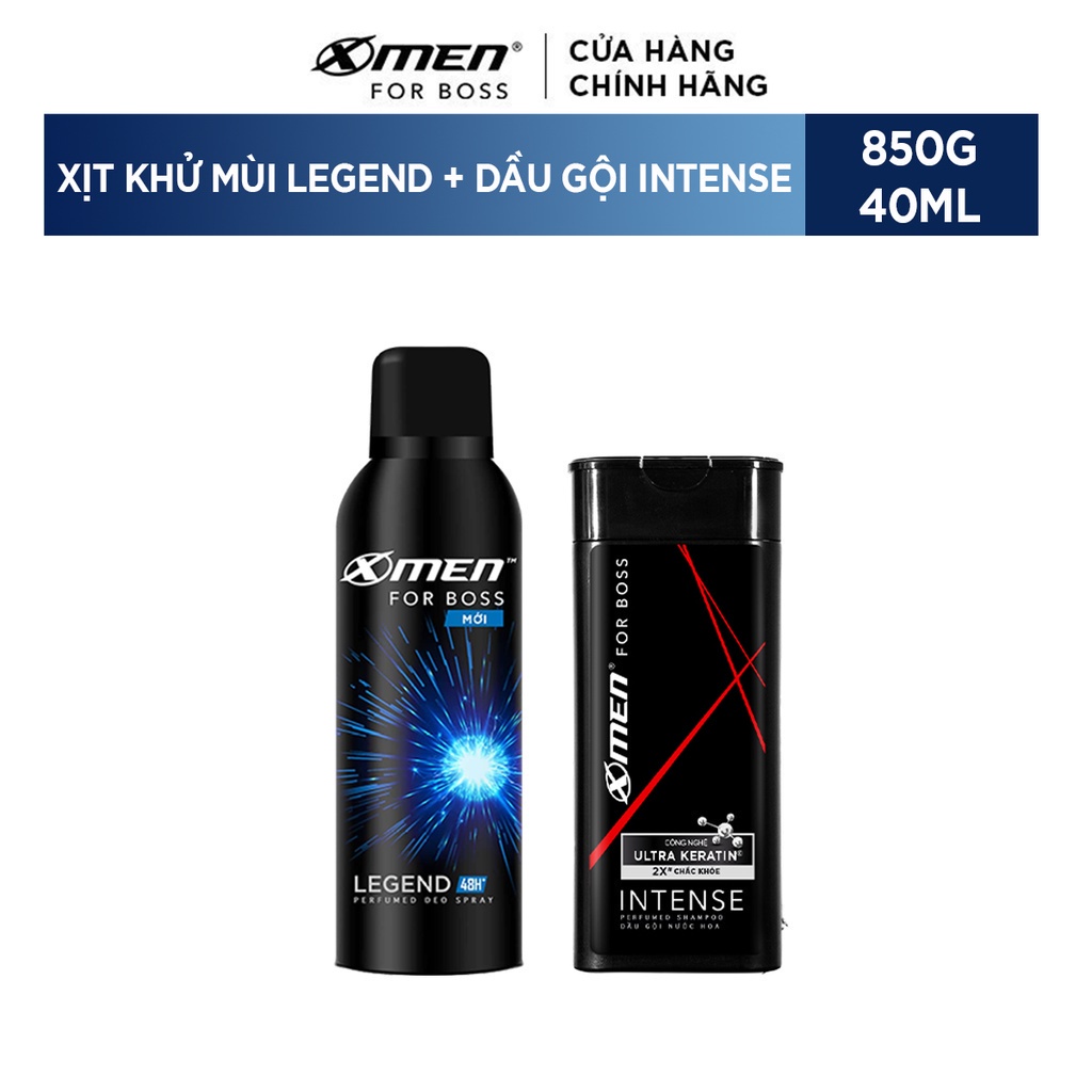 [MUA 1 TẶNG 1] Combo Xịt khử mùi X-Men For Boss Legend 150ml + Dầu gội nước hoa Intense 150g