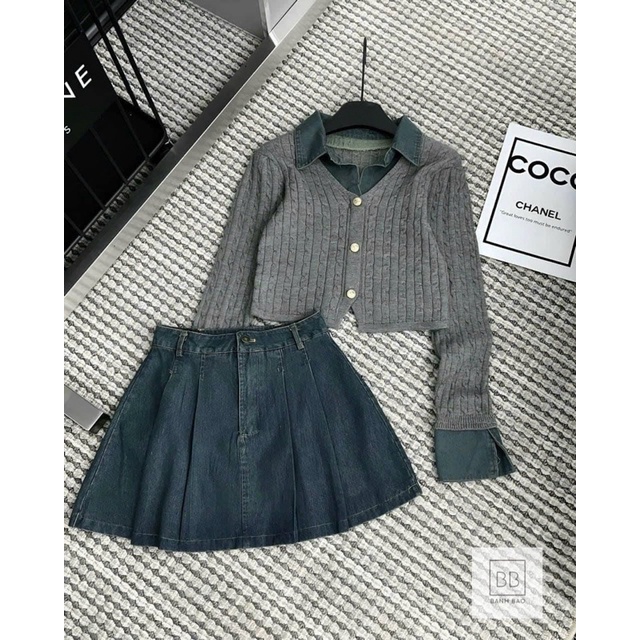 Sét áo len thừng mix chân váy jean