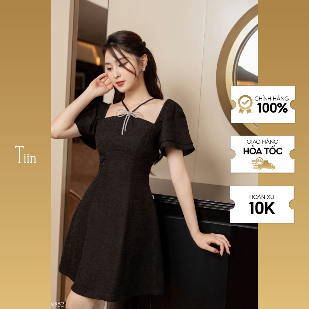 Váy cổ nơ dây đan chéo tay loe TIINSTORE VHN852