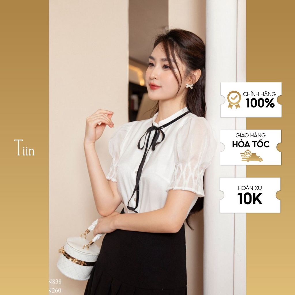 Áo sơ mi cổ tàu dây nơ tay mí quả trám TIINSTORE AHN838
