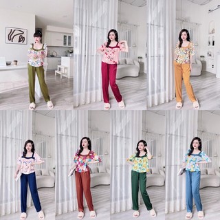 Đồ bộ mặc nhà - tay ngắn quần dài cổ vuông phối hoạ tiết dễ thương,size40-60kg,chất liệu lụa mềm mát