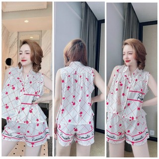 Hình thật đồ bộ mặc nhà mặc ngủ đùi cổ sơ mi áo sát nách lụa xước mềm.chất mặc nhẹ mát,ko nhăn,size 40-60kg