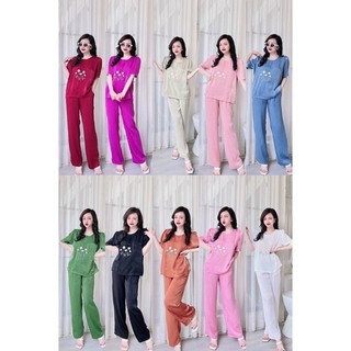 Áo cổ tròn- tay ngắn quần dài lụa ánh nhung thêu hoa,size 65kg đổ lại