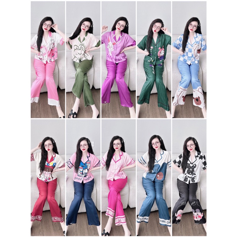 Đồ mặc nhà lụa mềm,mịn,mát,áo tay ngắn quần dài form croptop phối hoạ tiết dễ thương,size40-60kg