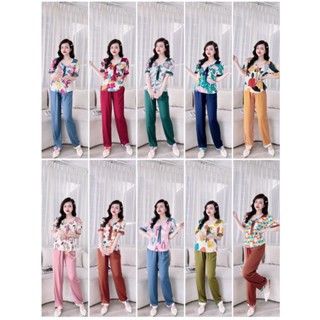 Đồ bộ mặc nhà - tay ngắn quần dài cột nơ phối hoạ tiết dễ thương,size40-60kg,chất liệu lụa mềm mát