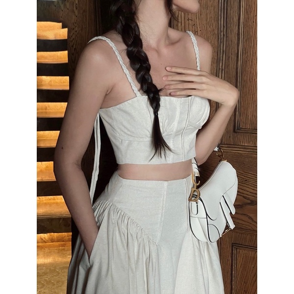 Set váy 2 dây linen đi du lịch phong cách vintage, set áo croptop và  chân váy dài _L355i
