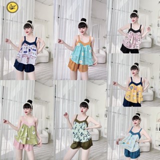 Đồ bộ mặc nhà- áo dây tầng quần ngắn hoạ tiết đơn giản,lụa mềm,mịn,mát,size 40-60kg