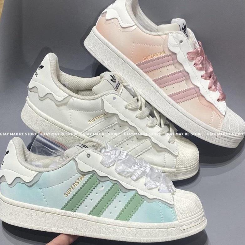 Giày thể thao nữ mẫu mới 2022 Adidas Superstar hồng, adidas sò xanh, das sò trắng 3 sọc dành cho nữ full box bill