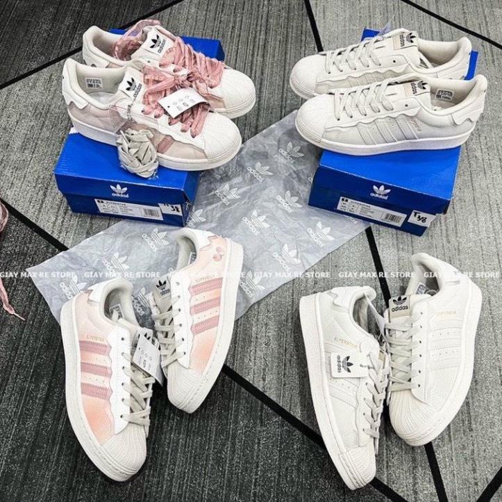 Giày thể thao nữ mẫu mới 2022 Adidas Superstar hồng, adidas sò xanh, das sò trắng 3 sọc dành cho nữ full box bill