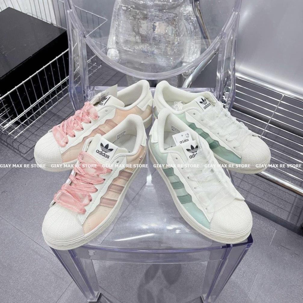 Giày thể thao nữ mẫu mới 2022 Adidas Superstar hồng, adidas sò xanh, das sò trắng 3 sọc dành cho nữ full box bill